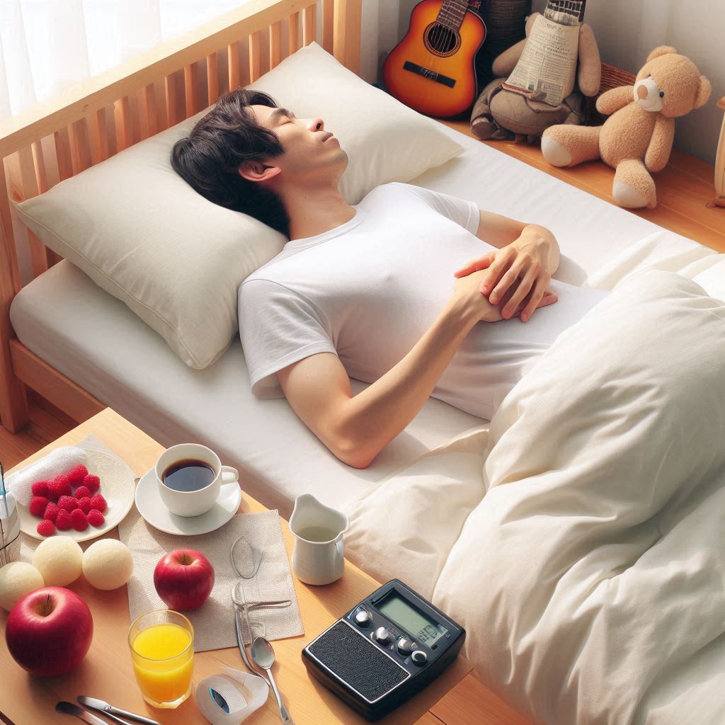 Person resting on a CNH Pillow with breakfast nearby