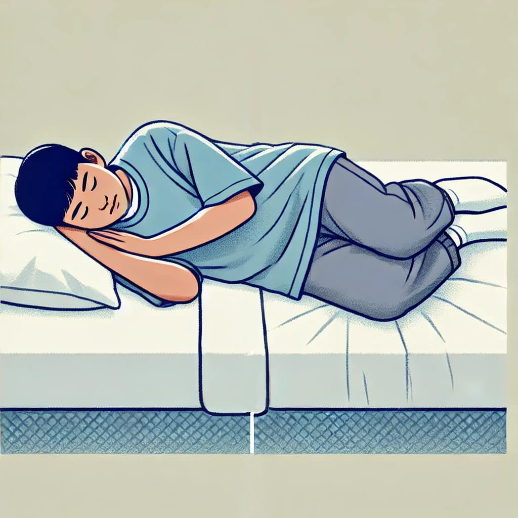 Illustration of a child sleeping on their side on a bed, wearing a light blue shirt and gray pants