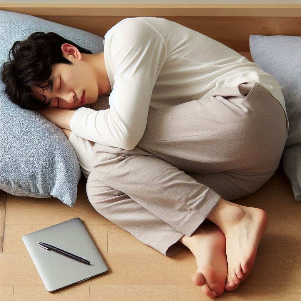 A person comfortably sleeping in fetal position using a CNH Pillow.