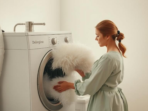 Female cleaning feather pillows by hand with water and detergent