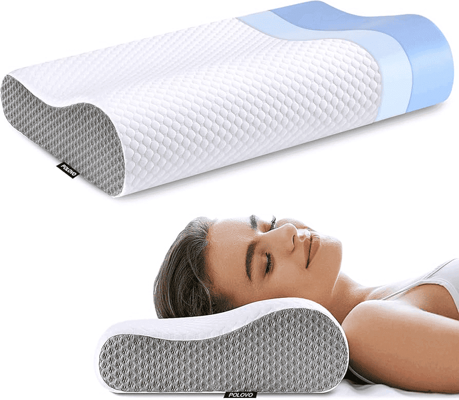 Close-up of a memory foam pillow designed to support the head and neck, showing its dense and soft texture.